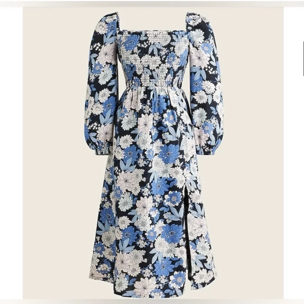 J. Crew Blue and White Floral Long Sleeve Dress size SP
